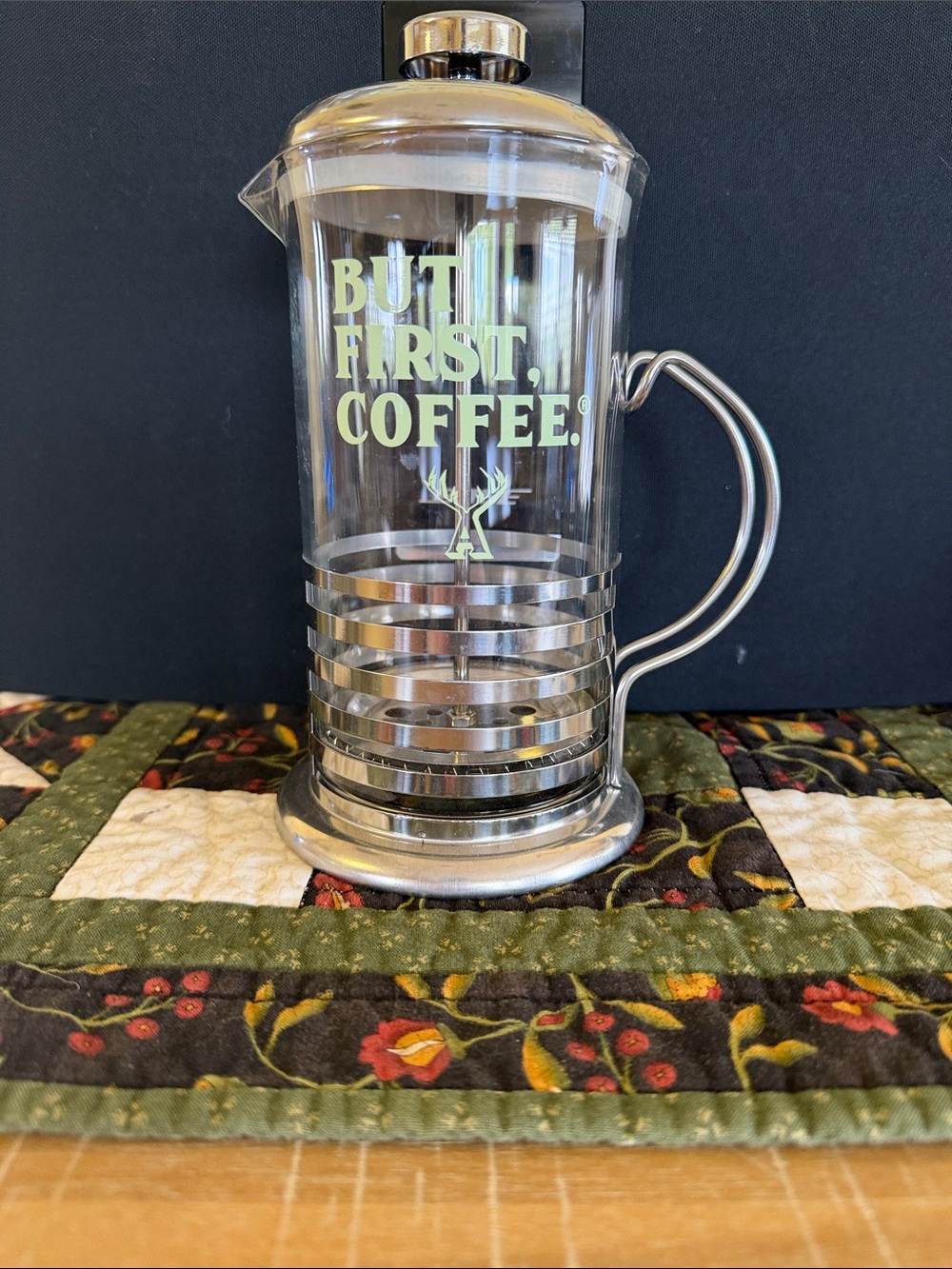 But First, Coffee Clear Glass French Press with Stainless Accents 2 cups